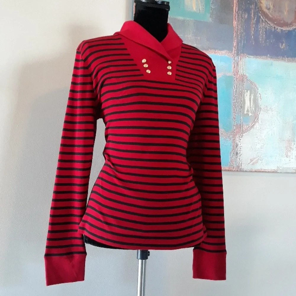 Chaps by Ralph Lauren Highland Red & Black Striped Shawl Collar Top Size L / NWT - Picture 5 of 14